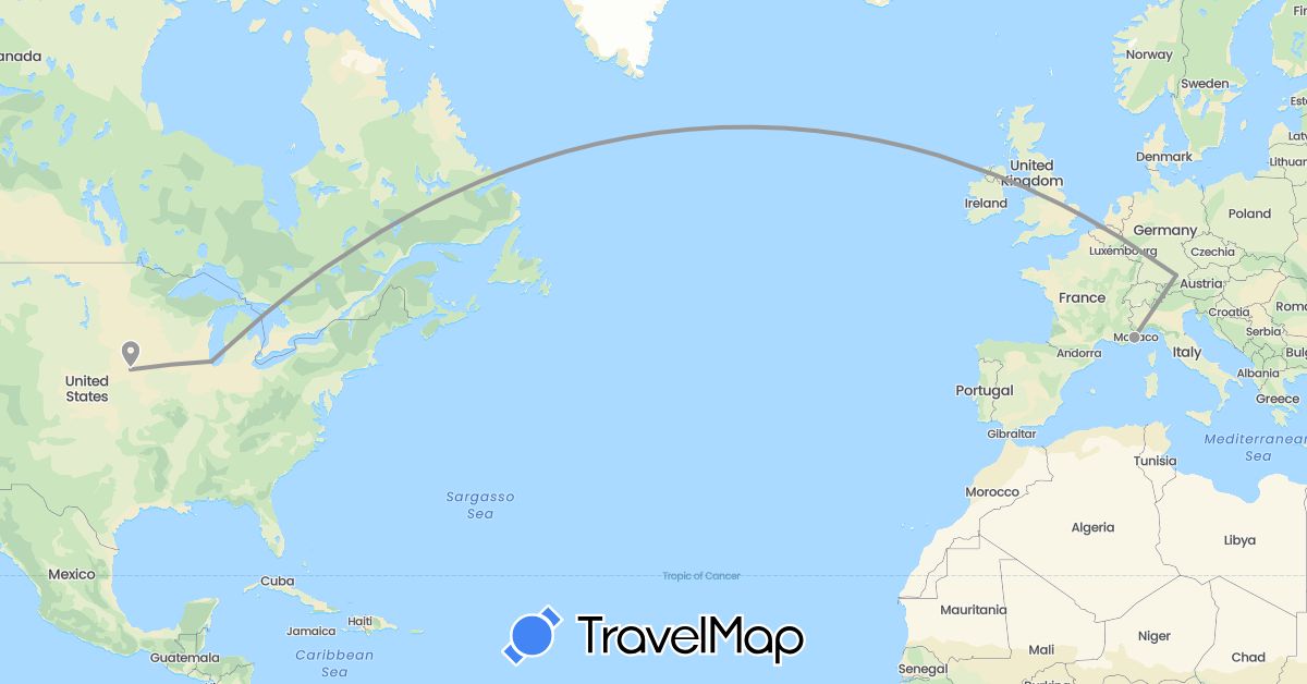 TravelMap itinerary: driving, plane in Germany, France, United States (Europe, North America)